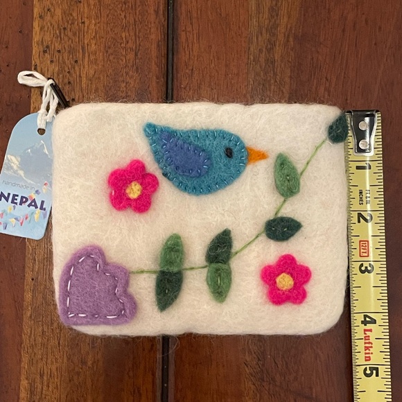 New NEPAL Fair Trade Felted Wool Bird Motif Flower Tiny Purse White Pink Blue - Picture 8 of 12